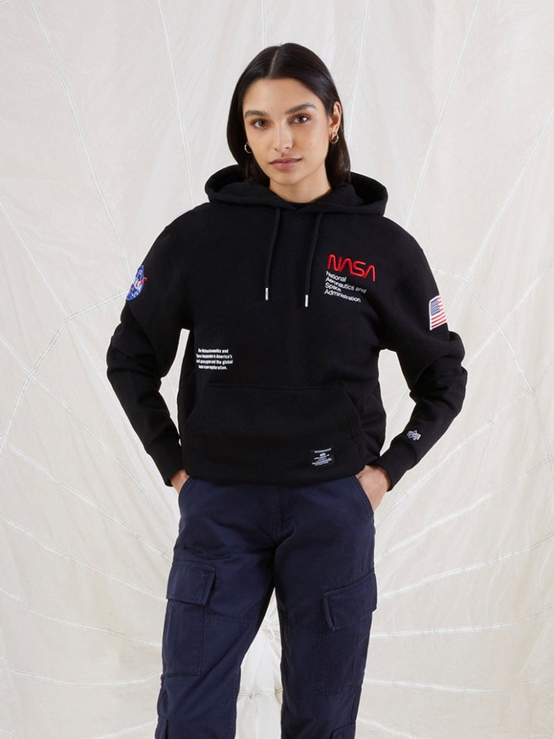 Felpa con Cappuccio Alpha Industries Nasa Worm Logo Uomo Nere | 93458-DMNF